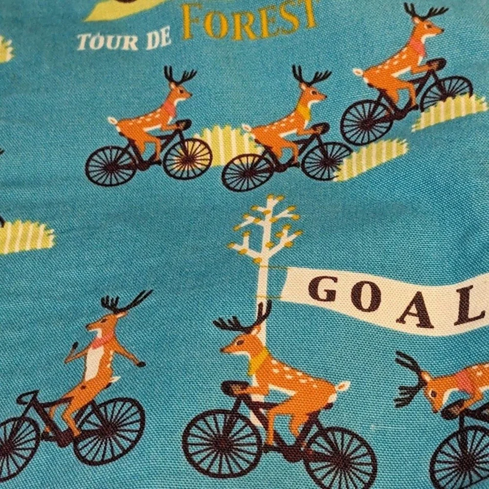 Handmade Reversible Tote Bag Tour de Forest Deer Biking Floral Blue Yellow
